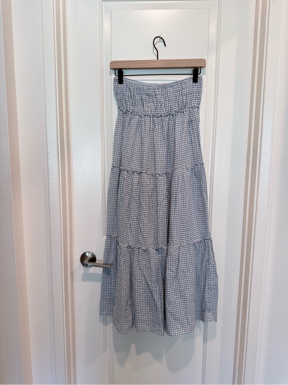 Max studio Smocked Waist Blue Gingham Tiered Maxi Skirt